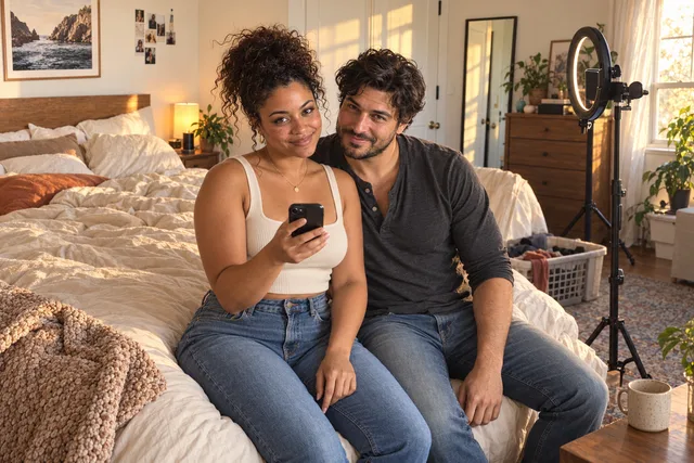 Maya and Luca in fitted casual outfits, holding a phone on a rumpled bed beside a ring light.