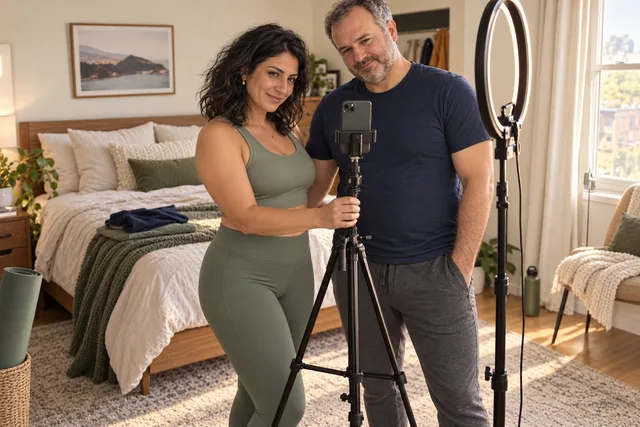 Nadia and Ben posing beside a phone tripod in fitted activewear, with cream bedding and a ring light.
